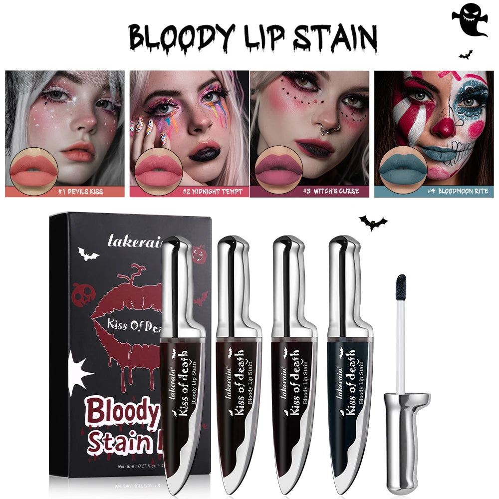 Lakerain 4pcs Kiss of Death Lip Stain Kit Blood-stained Lip Look Long Water Proof Matte DEVILS KISS WITCH'S CURSE Gothic Makeu HIP
