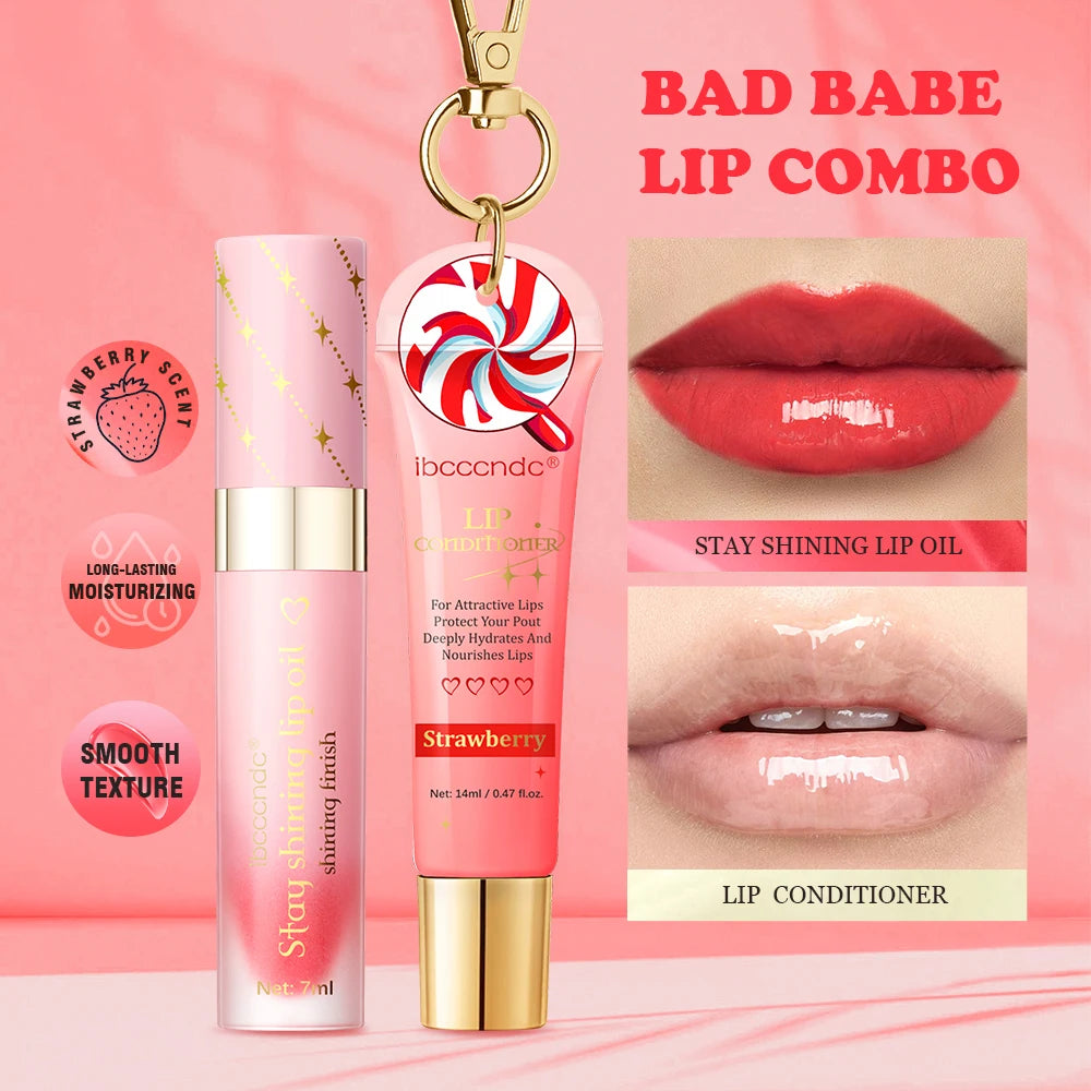 Strawberry Scent Lip Gloss Duo Combo with Keychain Long Lasting Nourish Plumper Lip Cosmetics Christmas Gift HIP