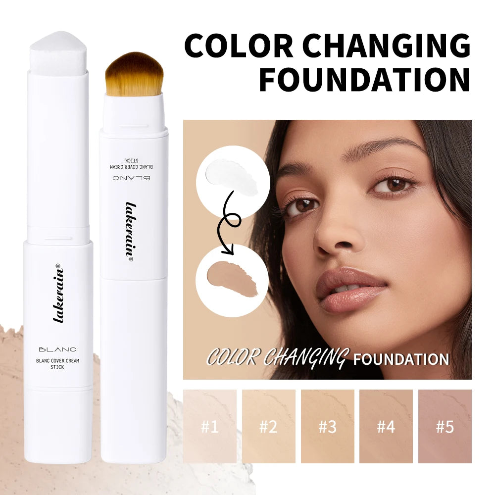 Lakerain Color Changing Foundation Stick Full Coverage Matte Finish Dual-Ended Brush & Stick Waterproof Smooth Foundation Makeup HIP