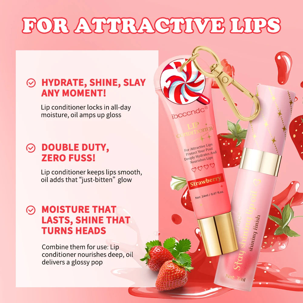 Strawberry Scent Lip Gloss Duo Combo with Keychain Long Lasting Nourish Plumper Lip Cosmetics Christmas Gift HIP