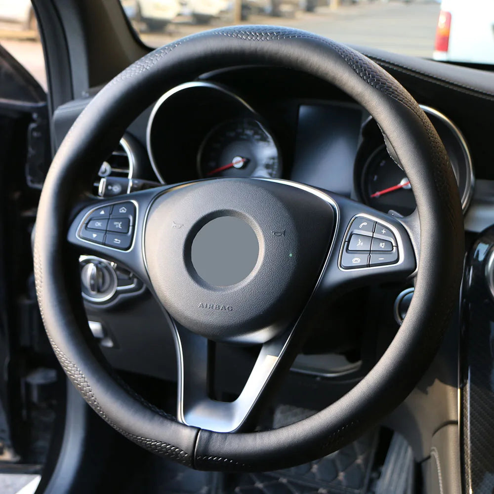 O SHI CAR 38cm Genuine Cowhide Leather Steering Wheel Cover Steering Wheel Cover HIP