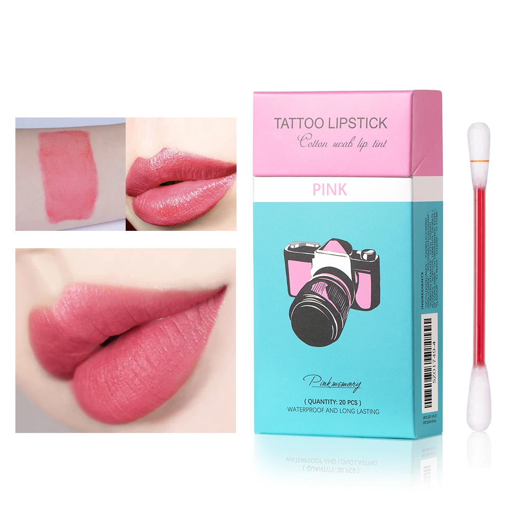 20pcs Cigarette Cotton Swab Lipstick Tattoo Lipstick Non-Stick Long-Lasting Waterproof and Kiss-proof Lip Durable Lip Stain Set HIP pink