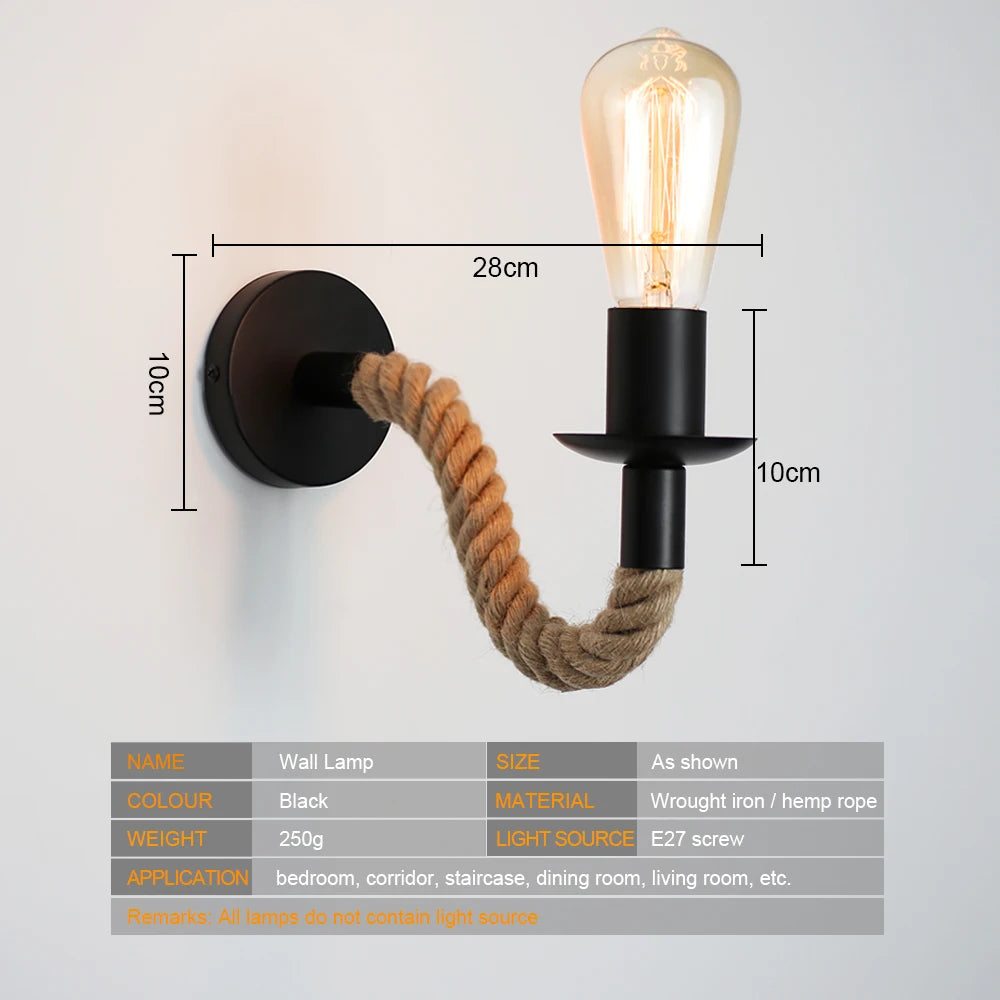 Vintage Hemp Rope Wall Sconce E27 – Industrial Retro Lamp Wall Sconce Light HIP
