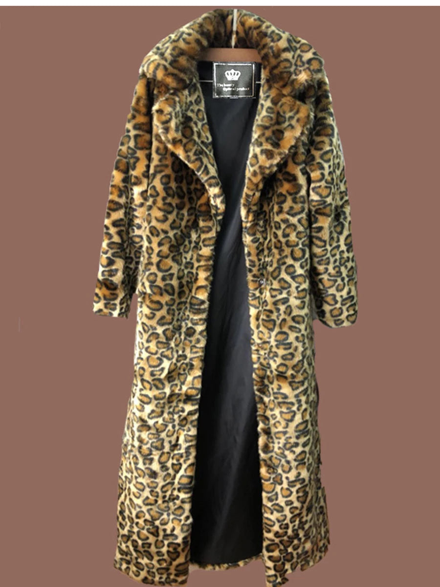 Women's Leopard Faux Fur Long Coat – Oversized Winter Jacket Faux Fur Coat HIP Brown 9XL