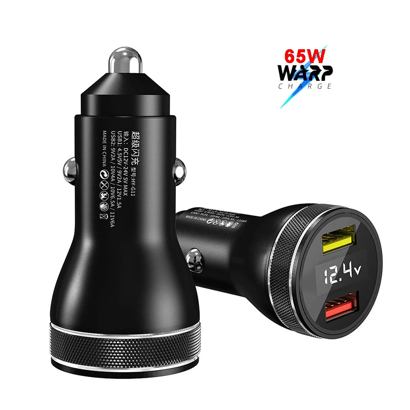 65W Warp Car Charger for OnePlus 9R 9 Pro 8T – Dual Port Car Charger HIP Add 1M Cable black