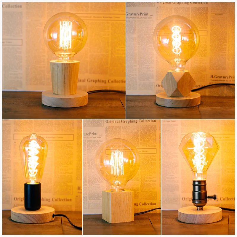 Modern Retro Wood Table Lamp – E27 Polyhedron Desk Light Wood Table Lamp HIP