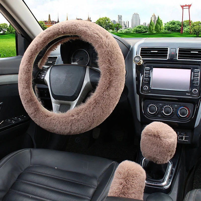 Faux Rabbit Fur Steering Wheel Cover Set 38cm – Winter Steering Wheel Cover HIP