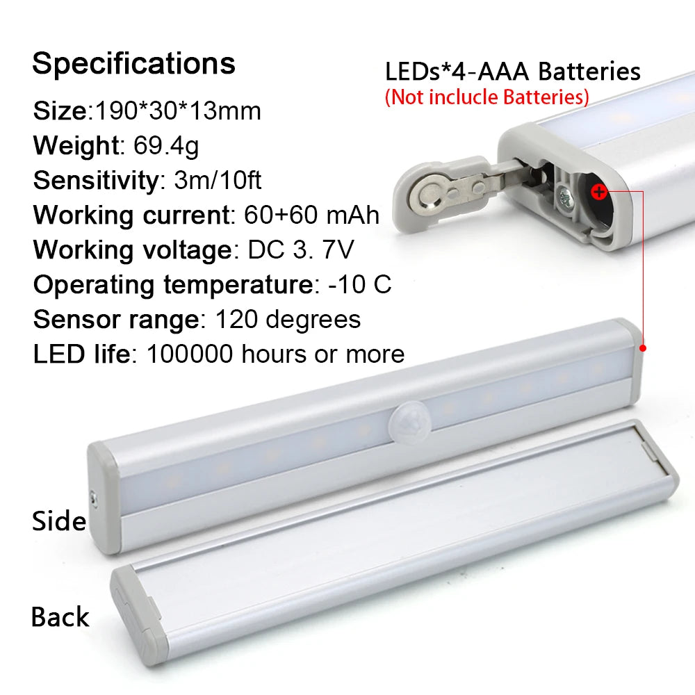 10 LED PIR Motion Sensor Wireless Night Light | Cabinet & Stair Motion Sensor Night Light HIP