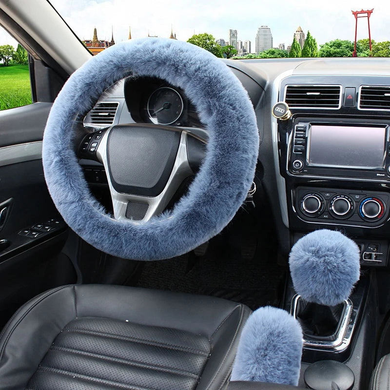 Winter Plush Steering Wheel, Gear & Handbrake Cover Set Steering Wheel Cover Set HIP Grey