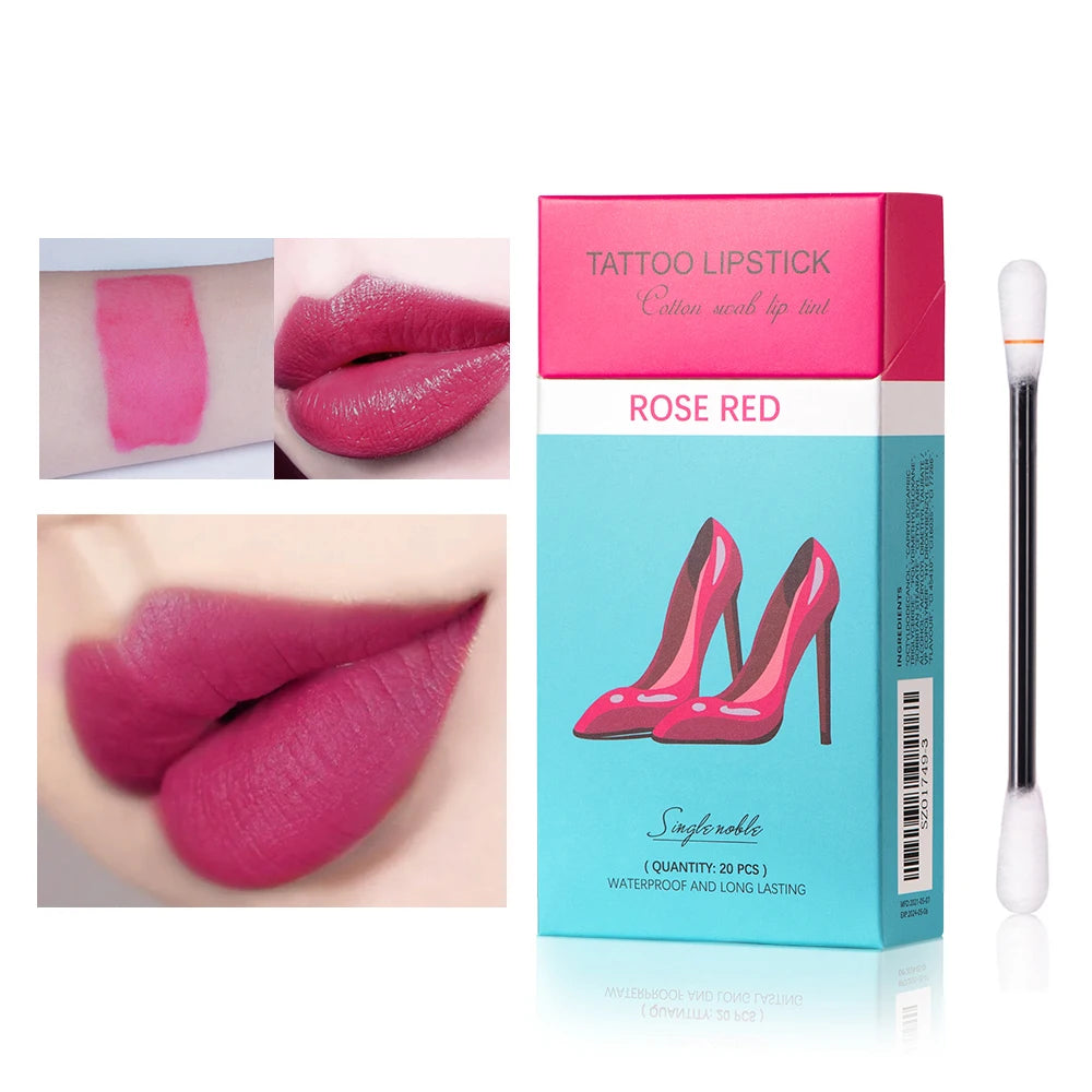 20pcs Cigarette Cotton Swab Lipstick Tattoo Lipstick Non-Stick Long-Lasting Waterproof and Kiss-proof Lip Durable Lip Stain Set HIP rose red