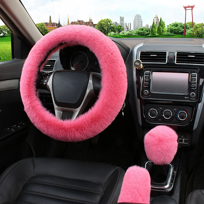 Faux Rabbit Fur Steering Wheel Cover Set 38cm – Winter Steering Wheel Cover HIP