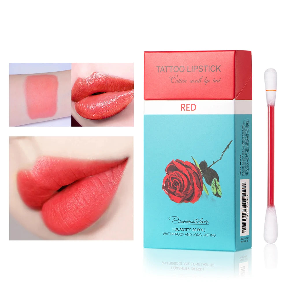 20pcs Cigarette Cotton Swab Lipstick Tattoo Lipstick Non-Stick Long-Lasting Waterproof and Kiss-proof Lip Durable Lip Stain Set HIP red