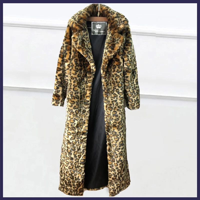 Women's Leopard Faux Fur Long Coat – Oversized Winter Jacket Faux Fur Coat HIP