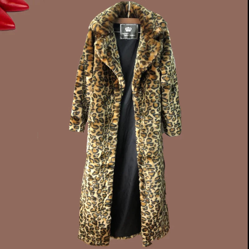 Women's Leopard Faux Fur Long Coat – Oversized Winter Jacket Faux Fur Coat HIP