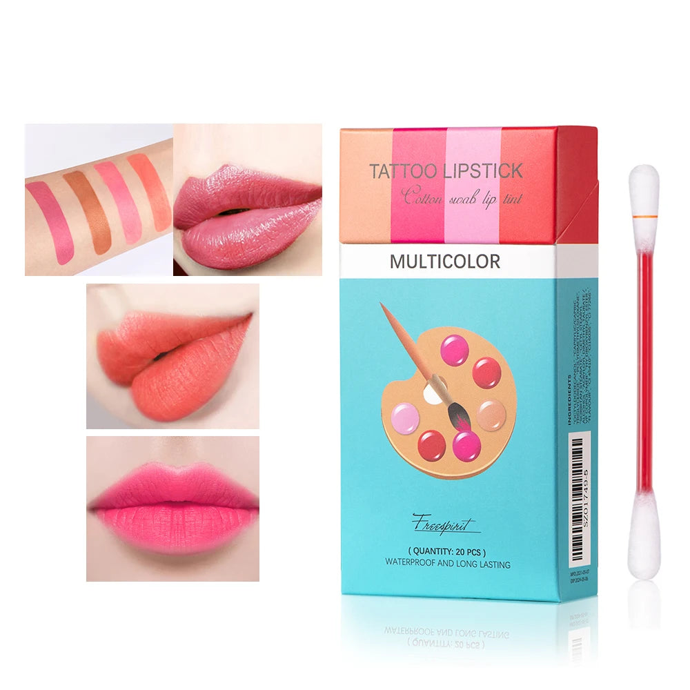 20pcs Cigarette Cotton Swab Lipstick Tattoo Lipstick Non-Stick Long-Lasting Waterproof and Kiss-proof Lip Durable Lip Stain Set HIP multicolor