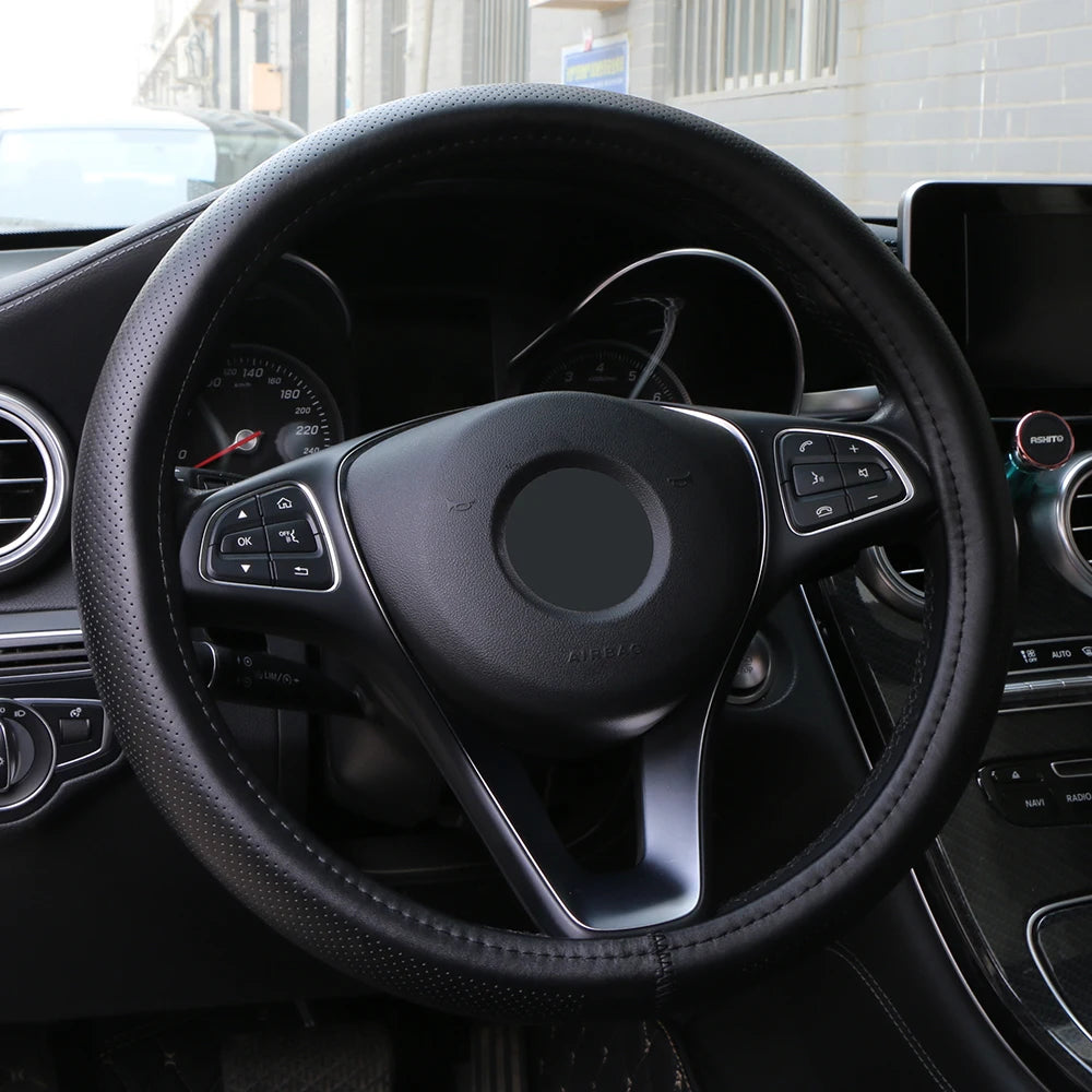 O SHI CAR 38cm Genuine Cowhide Leather Steering Wheel Cover Steering Wheel Cover HIP