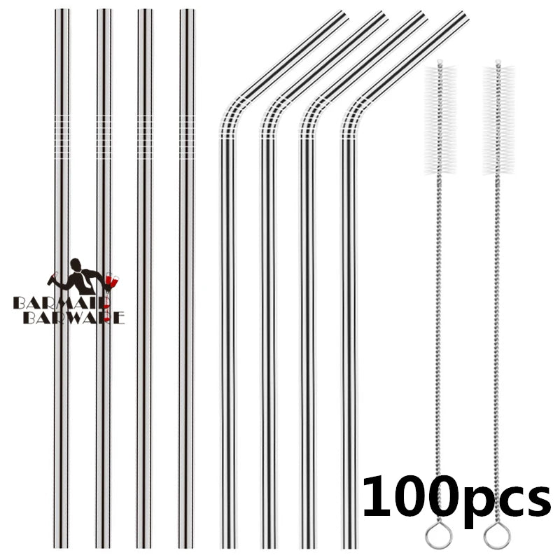 100-Pack Reusable Stainless Steel Straws + 10 Brushes | Bulk Reusable Metal Straws HIP