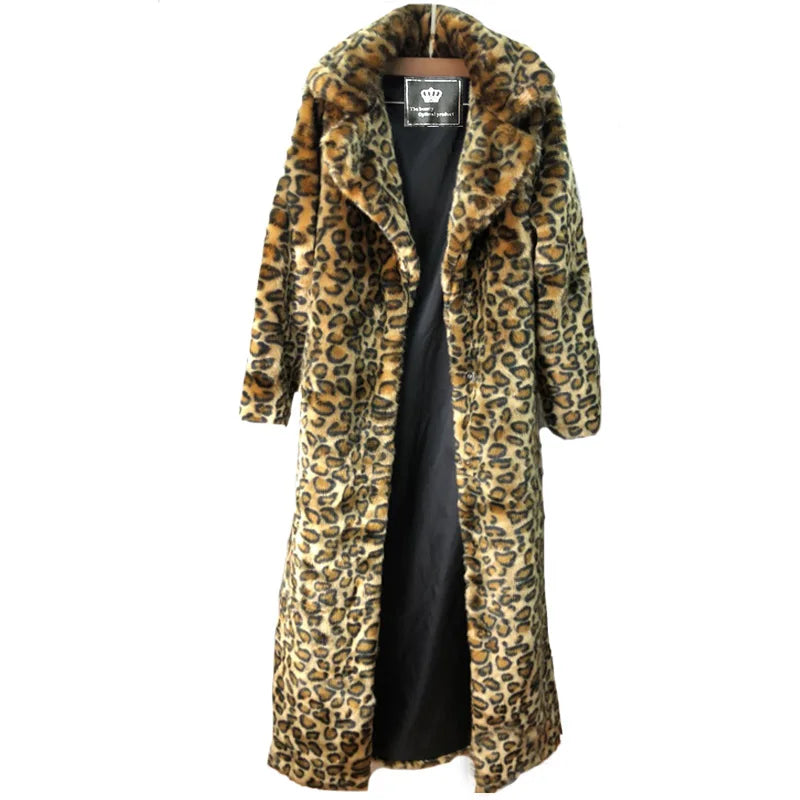 Women's Leopard Faux Fur Long Coat – Oversized Winter Jacket Faux Fur Coat HIP