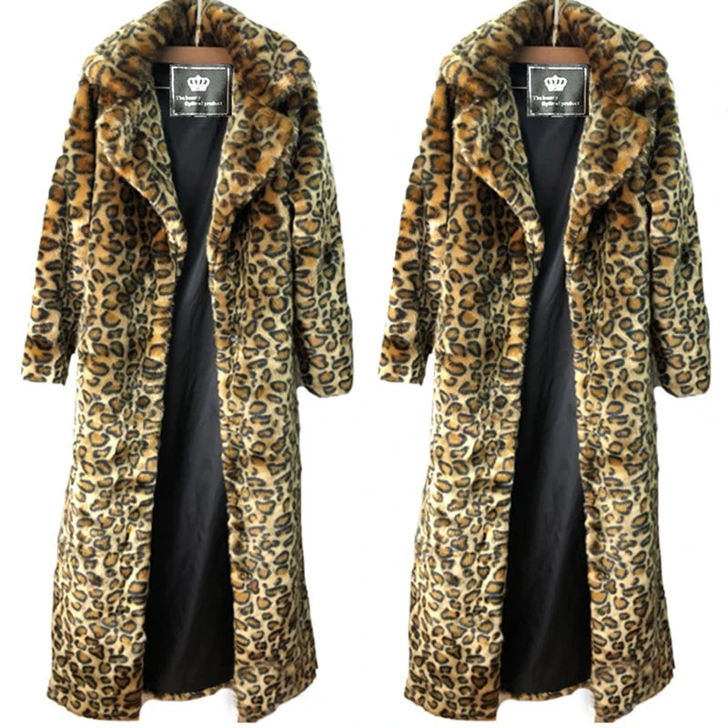 Women's Leopard Faux Fur Long Coat – Oversized Winter Jacket Faux Fur Coat HIP
