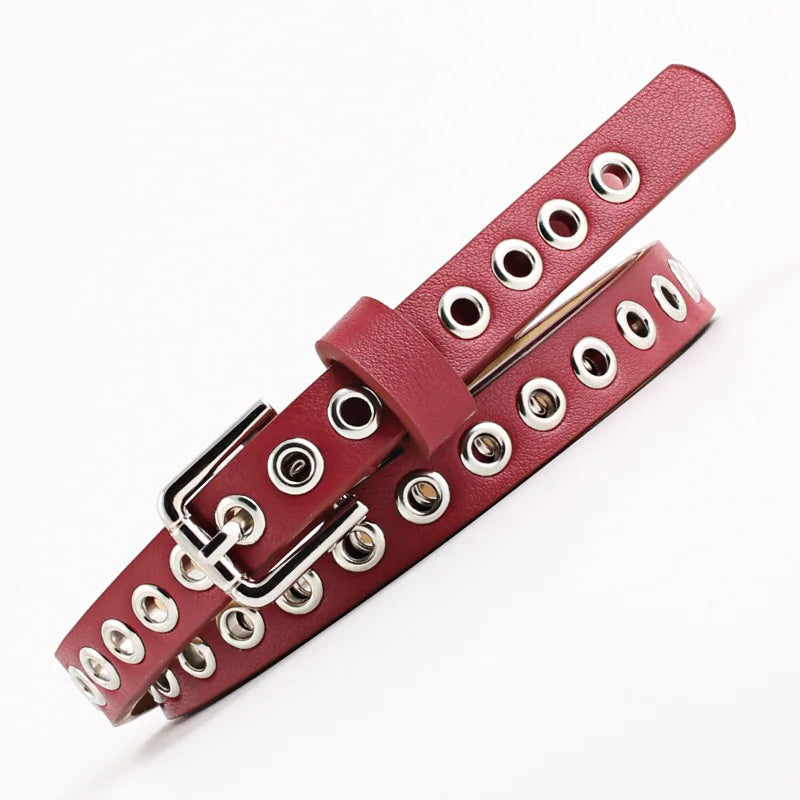 Women's Punk Grommet Faux Leather Belt – Metal Buckle Women's Fashion Belt HIP Red about 103cmx1.4cm