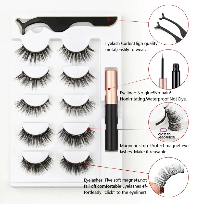Magnetic Lashes 3D Mink Eyelashes Waterproof Lasting Magnet Liquid Eyeliner Set Magnetic Eyelashes Thick Natural False lashes HIP