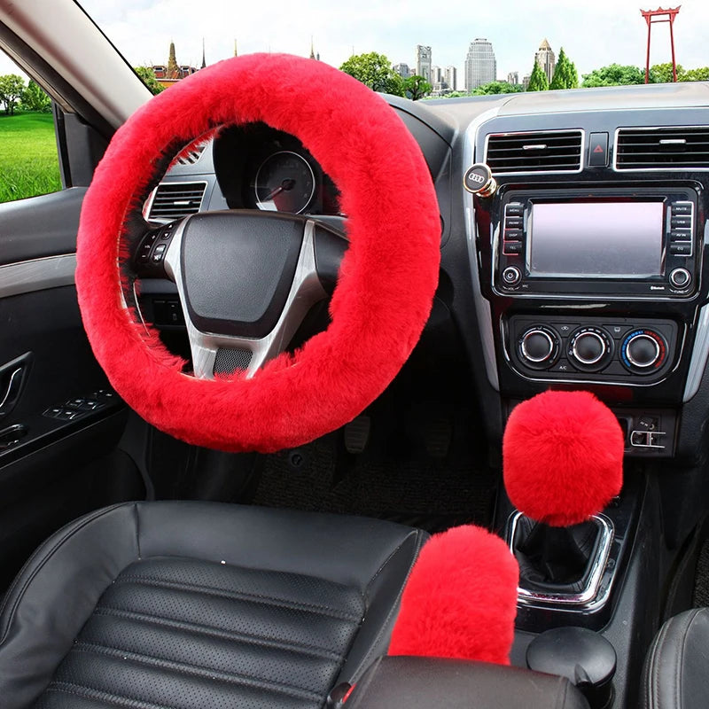 Faux Rabbit Fur Steering Wheel Cover Set 38cm – Winter Steering Wheel Cover HIP Red