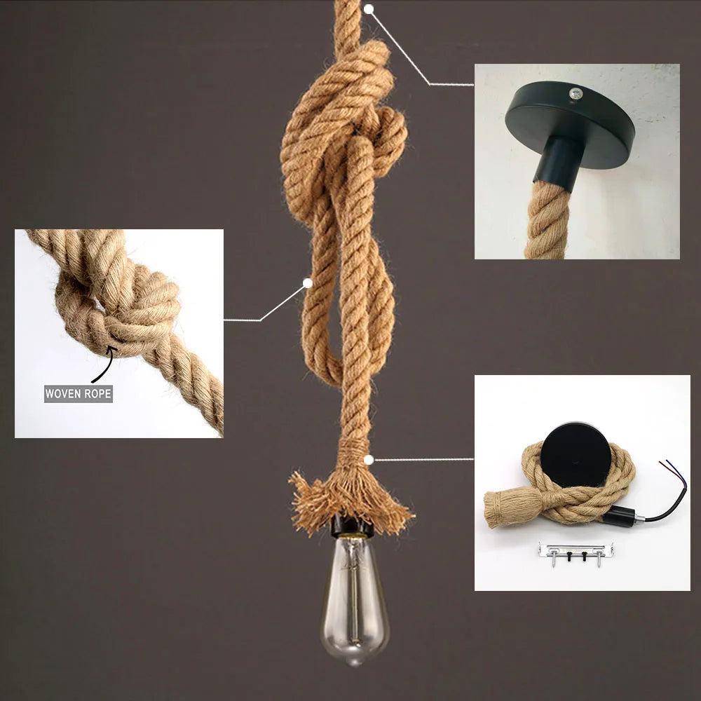 Hemp Rope Pendant Light – Vintage Industrial E27 Hanging Lamp Pendant Light HIP