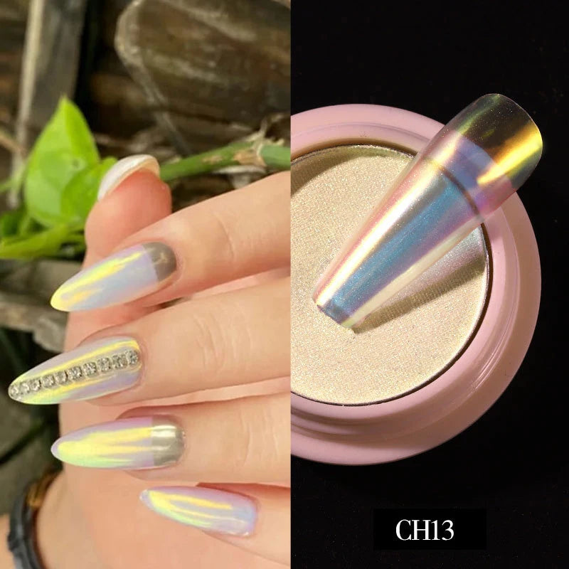1g/box Transparent Nail Glitter Mirror Aurora Neon Powders Dust Chameleon Nail Art chromium Pigment Dipping Powder Decoration HIP CH13