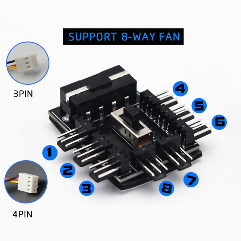 1-to-8 PWM Fan Hub SATA Molex 3-Pin 4-Pin Speed Controller PC Fan Hub HIP