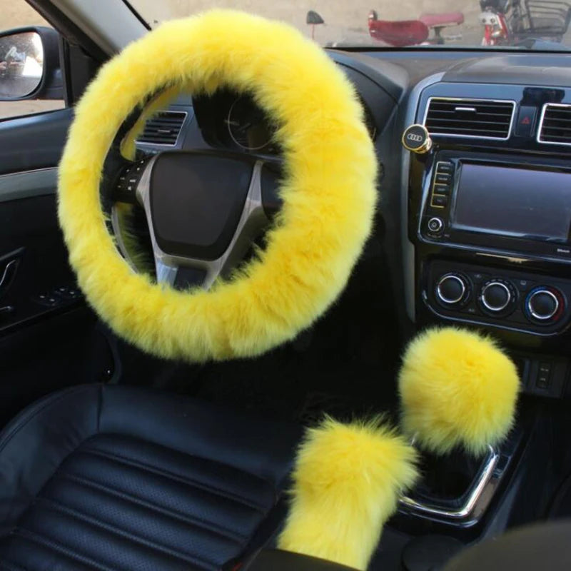 Faux Rabbit Fur Steering Wheel Cover Set 38cm – Winter Steering Wheel Cover HIP