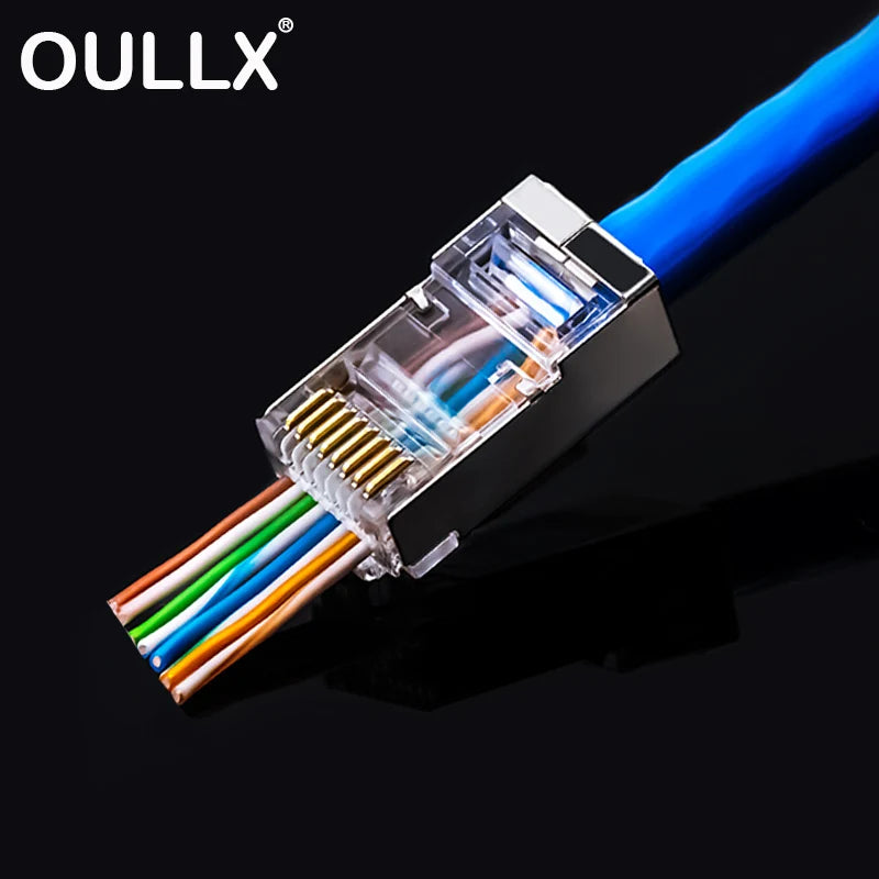 OULLX Gold Plated RJ45 Pass-Through Connectors Cat5e Cat6 Cat6A Network RJ45 Connectors HIP