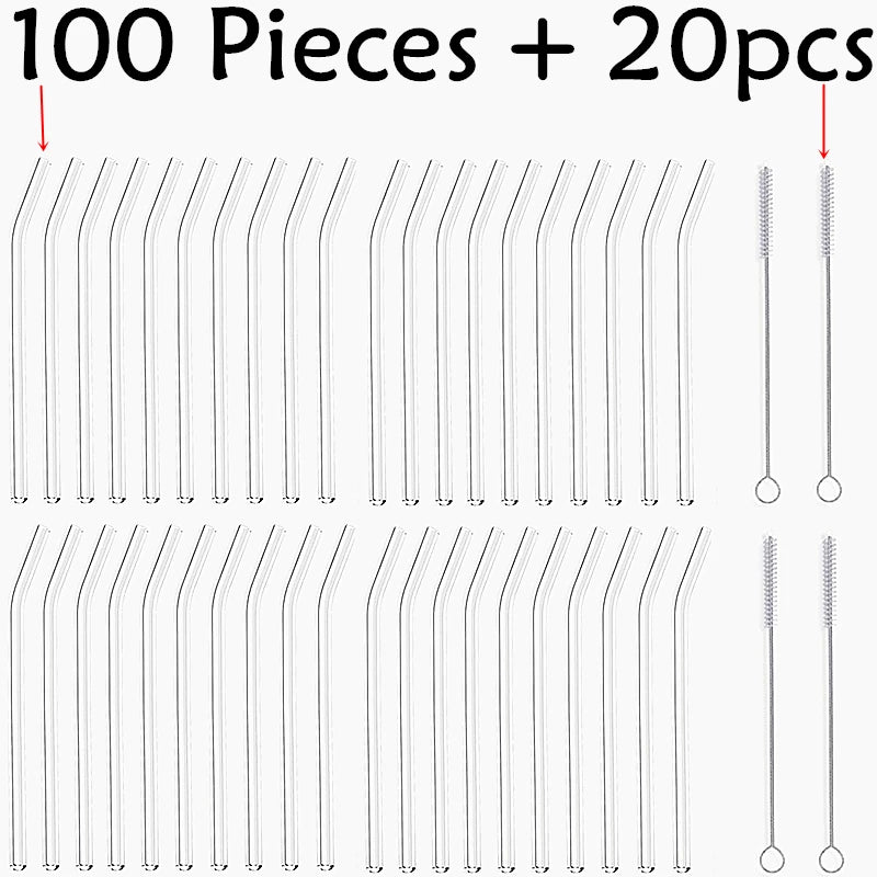 100-Pack Reusable Glass Straws 20cm with 20 Cleaning Brushes Glass Drinking Straws HIP