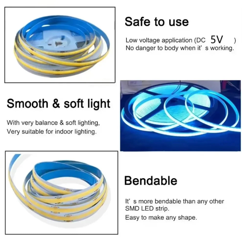 5M USB COB LED Strip 5V 320LEDs/M Dimmable Touch Sensor Light COB LED Strip Light HIP