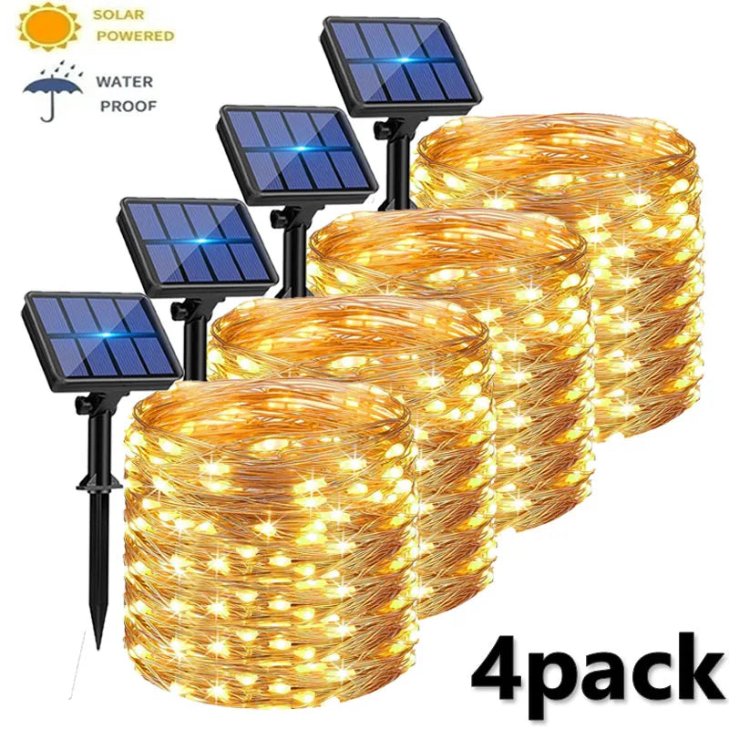 4-Pack Solar Fairy String Lights Outdoor – 8 Modes IP67 Solar String Lights HIP warm 4pack 15m 150LED