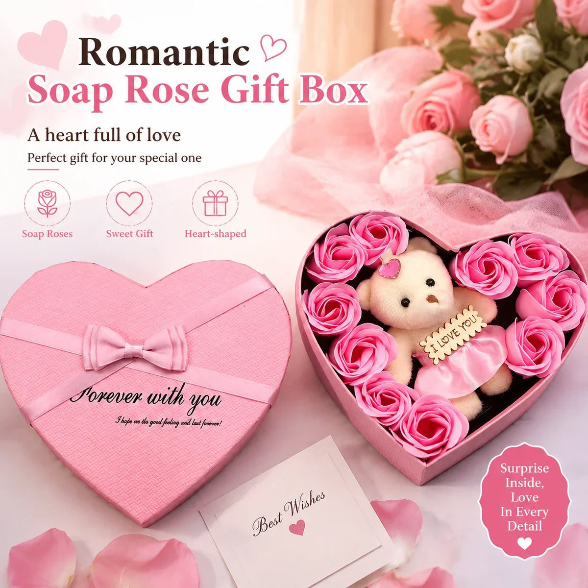Artificial Flowers Valentines Day Gift for Her Rose Gift Box with Cute Bear Romantic Mothers Day Wedding Home Party Decor HIP