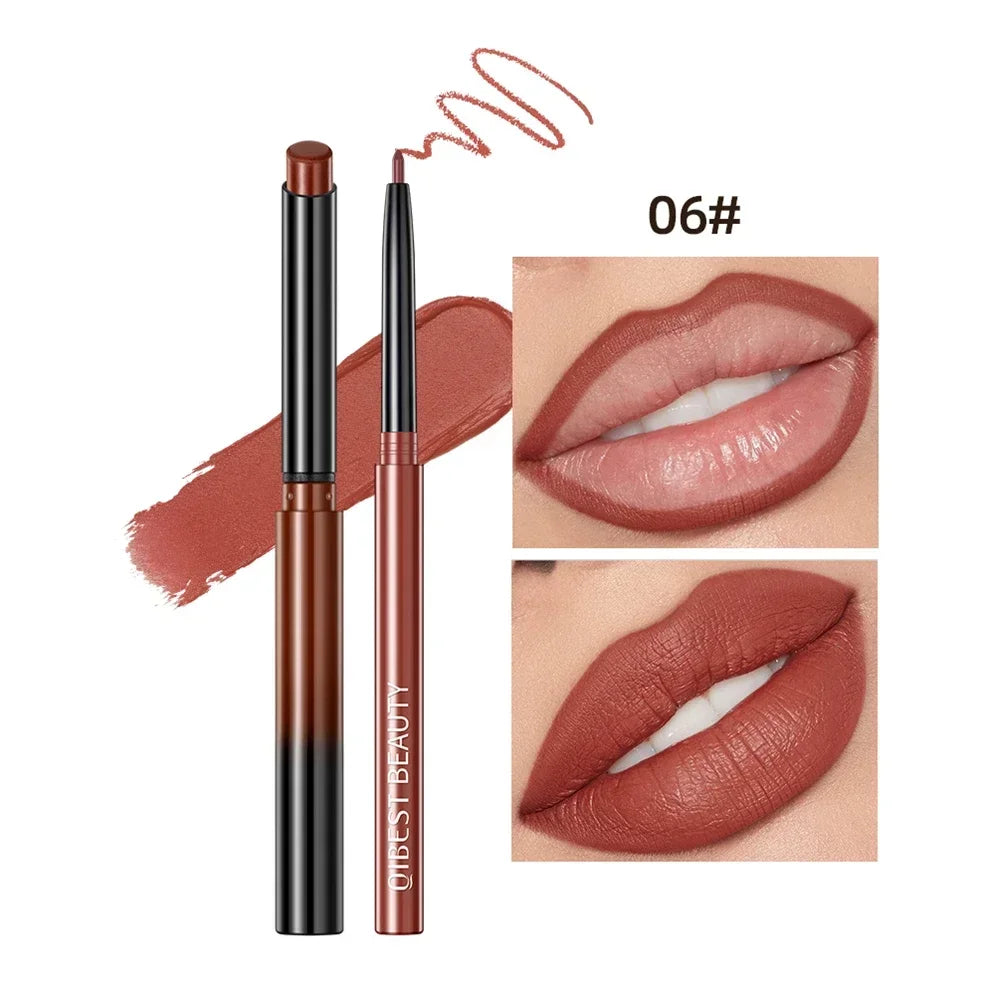 QIBEST Lipliner Pencil Lipstick Set Matte Nude Red Contour Tint Lipstick Long Lasting Non-stick Cup Lipliner Makeup Lip Stain HIP 06