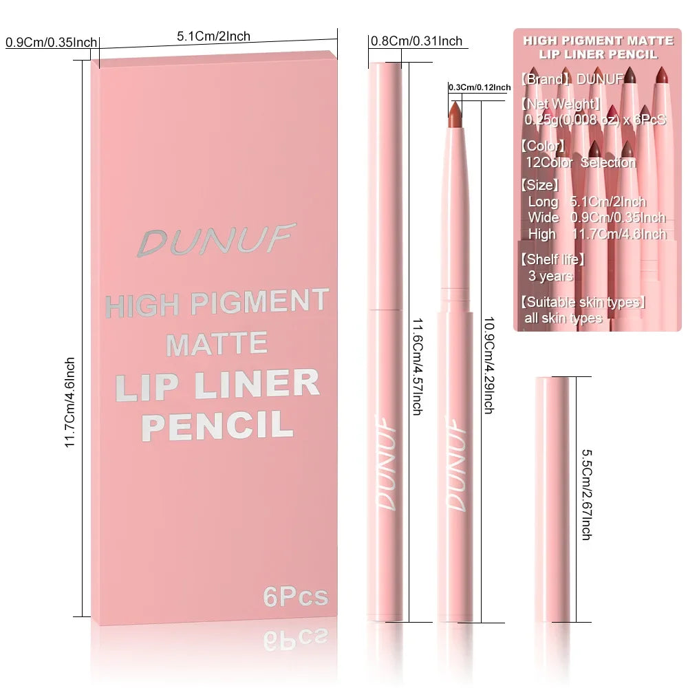 DUNUF 6-Pc Matte Lip Liner Set – Nude, Brown & Rose Red Lip Liner Set HIP