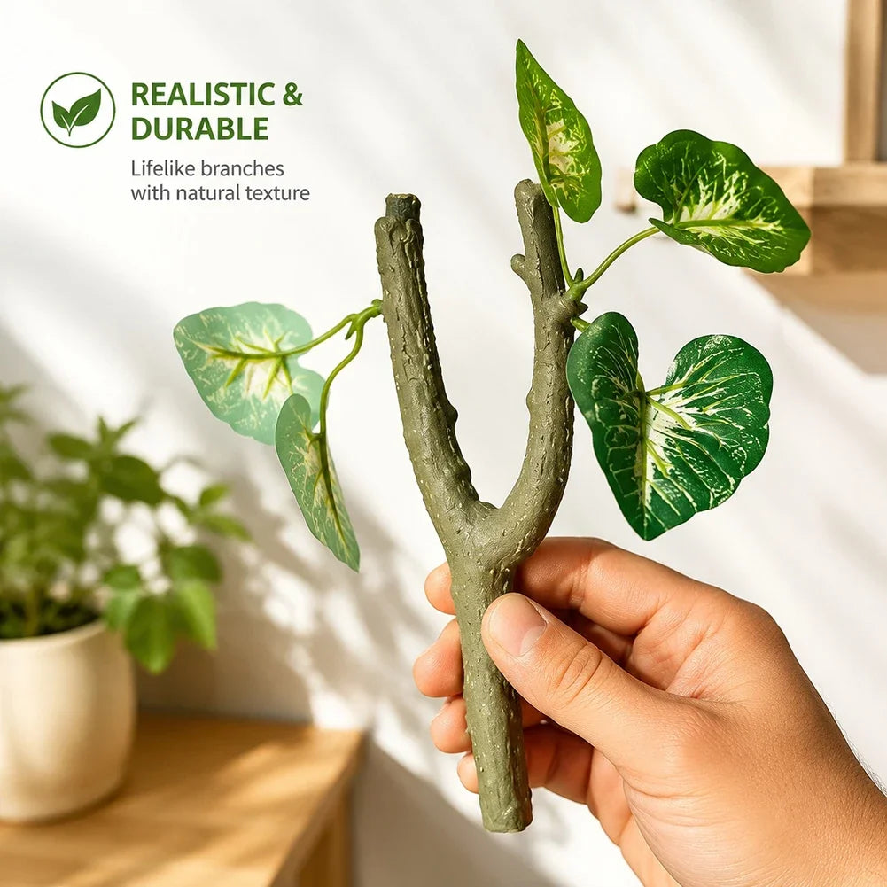 Y-shaped Artificial Vine Leaf with Branch Decor Crawling Branches for Gecko Hermit Crab Chameleon Rainforest Water Tank Decor HIP