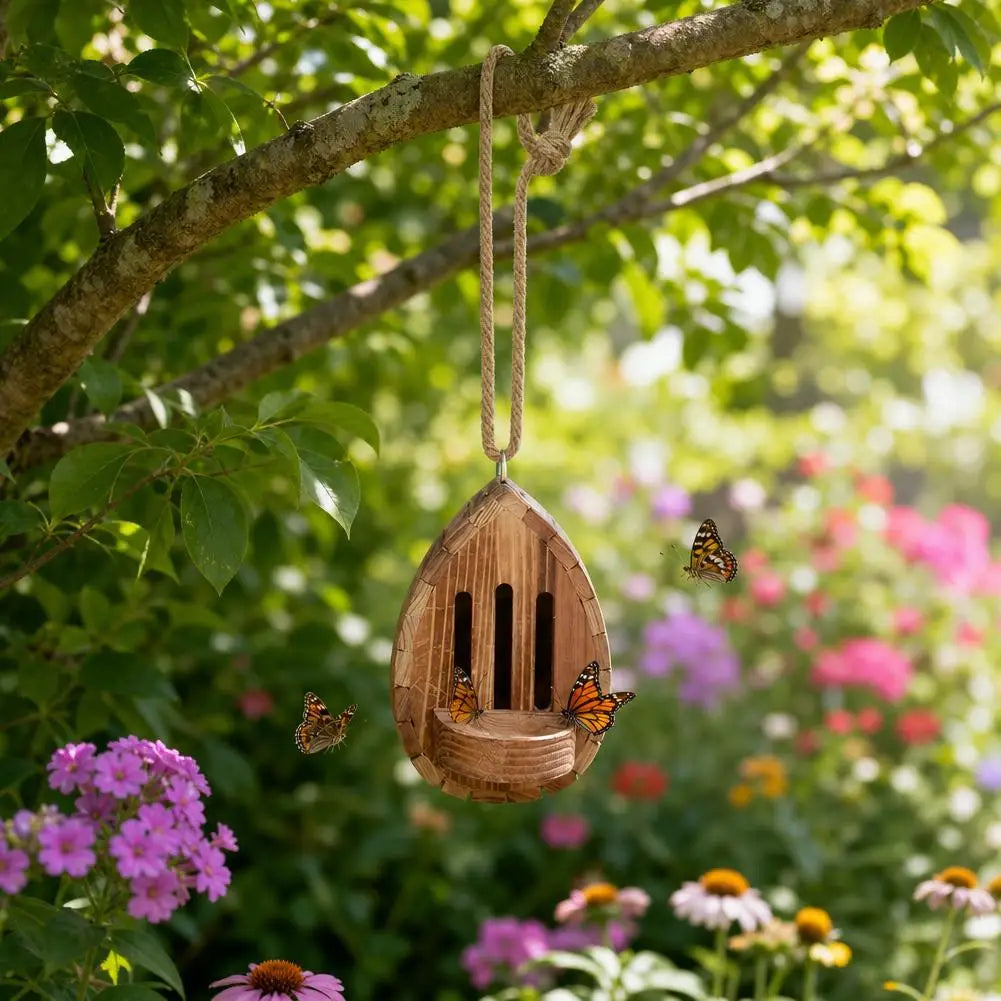 Butterfly House Butterfly Habitat Garden Wooden Butterfies Houses with Feeder Hanging Garden Decoration Natural Nesting Box HIP