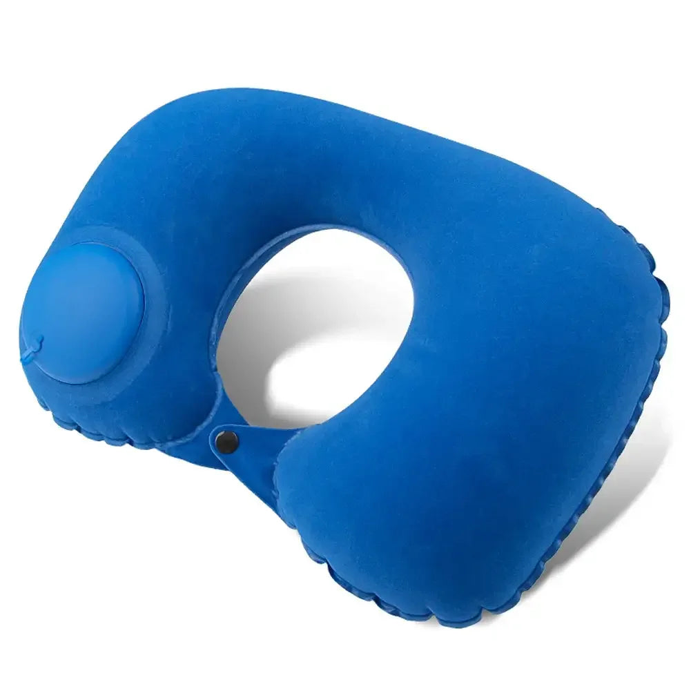 U Shape Neck Cushion Automatic Air Inflatable Pillow Compress Ring Pillow For Airplane Car Outdoor Travel Flocking Milk Fiber HIP Royal Blue-Flocking