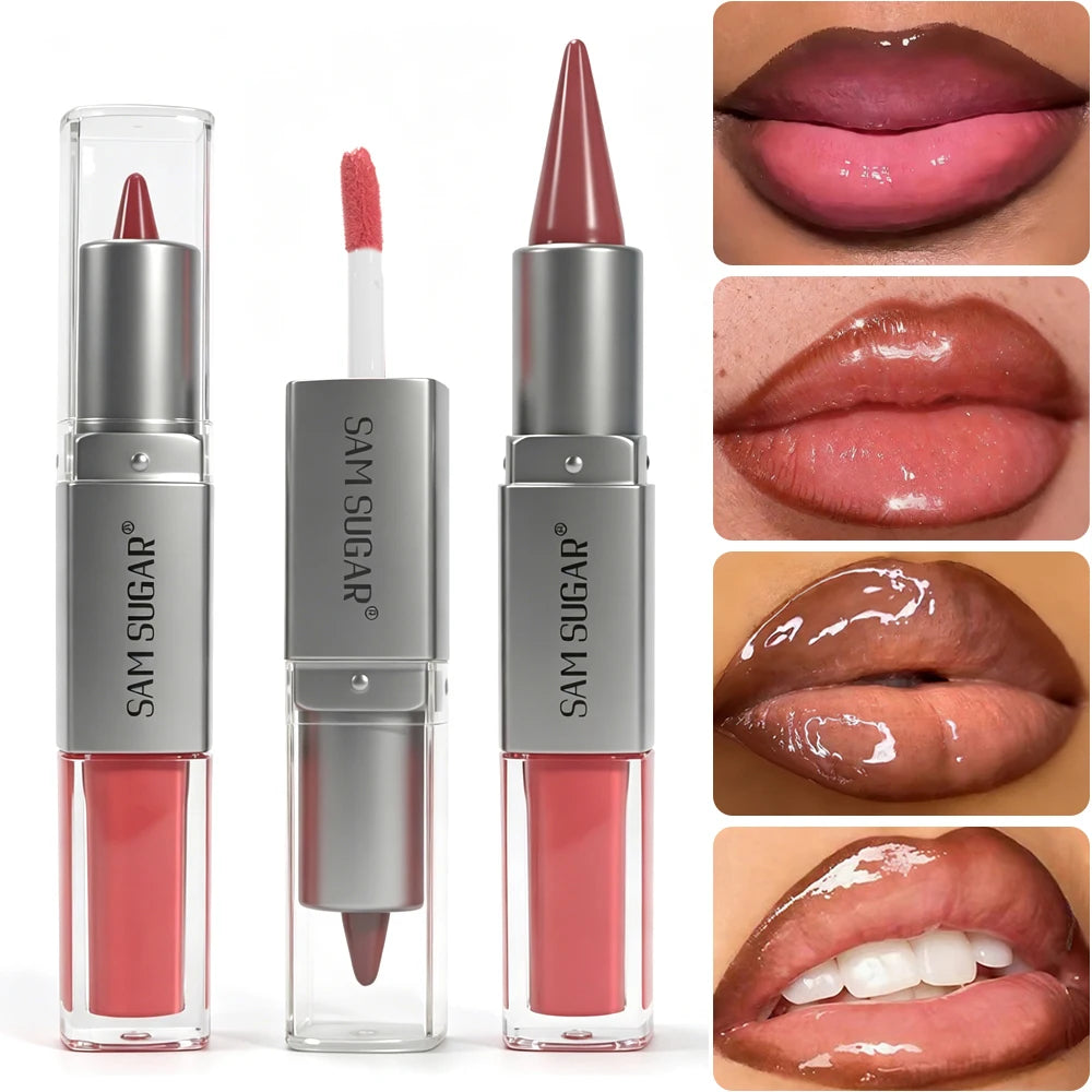 2-in-1 Lip Liner & Lip Gloss Crayon Mirror Glass Fine Shimmer Lipglaze Easy Apply Long-Lasting Waterproof Matte Lip Liner Makeup HIP