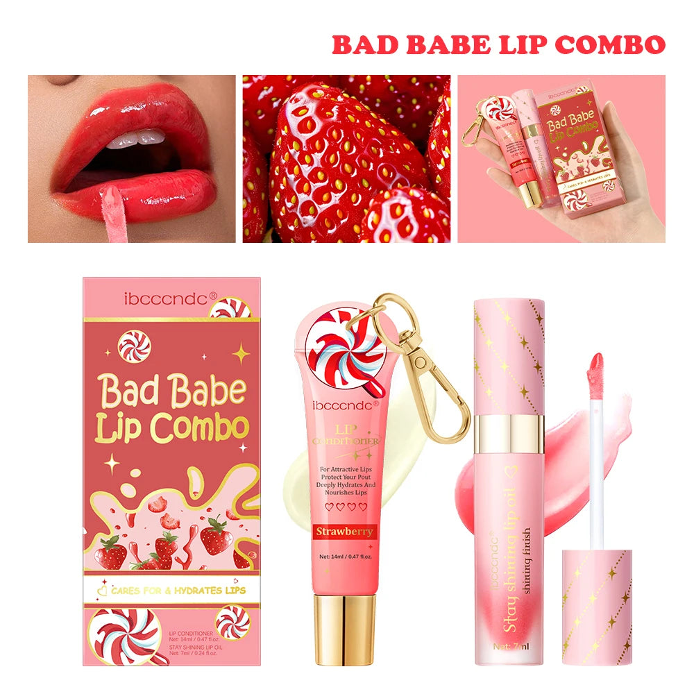 Lip Oil and Lip Stain Set Strawberry Flavor Watery Glossy Clear Lip Gel Hydrating Moisturizing Lip Gloss Women Lips Cosmetic Mak HIP