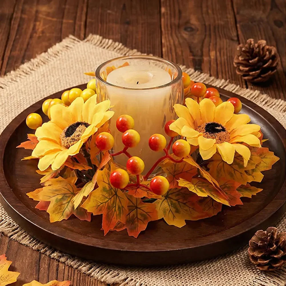 Thanksgiving Table Mantel Shelf Decor Fall Candle Ring Wreath Artificial Maple Leaves Berry Pinecone For Pillar Candle HIP