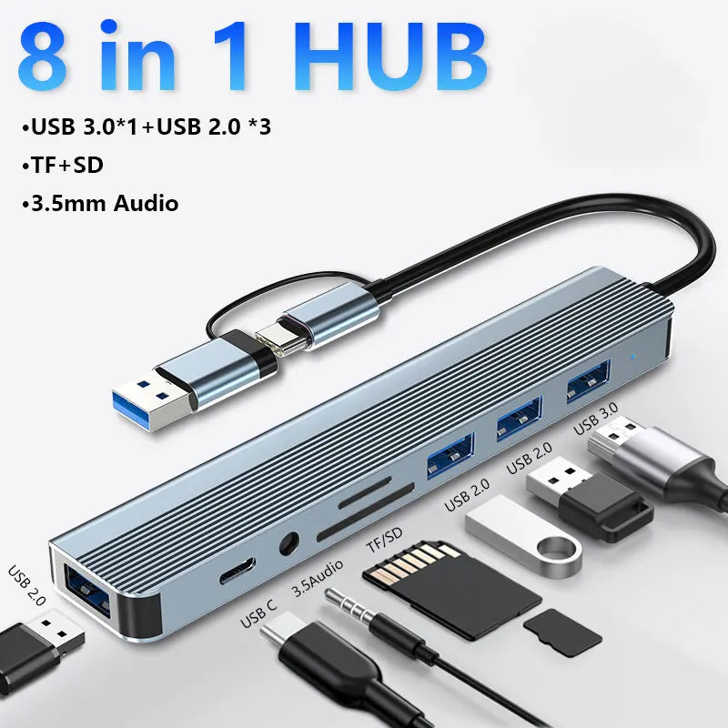 8-in-1 USB A & USB C Hub, USB 3.0 5Gbps, 3× USB 2.0, SD TF Card Reader, 3.5mm Audio, Multiport Adapter HIP