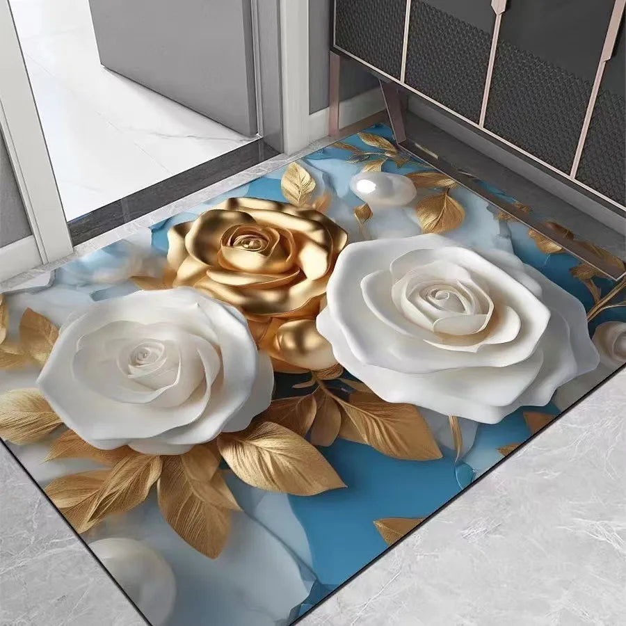 3D Gold Blue Floral Non-Slip Doormat – European Style Decorative Floor Mat HIP 2 40x60cm-Felt