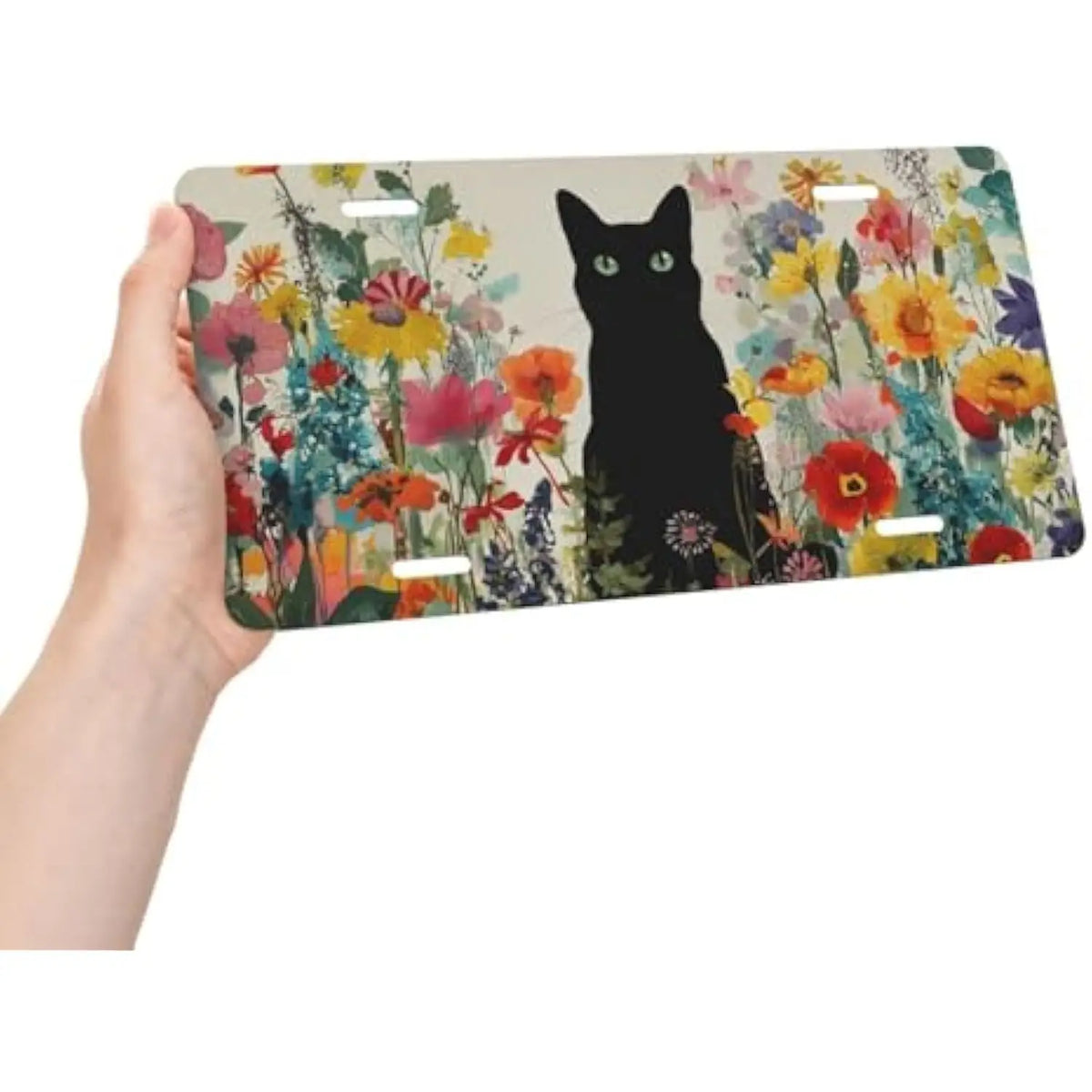 Black Cat in Flowers Aluminum License Plate Frame & Vanity Tag License Plate Frame HIP