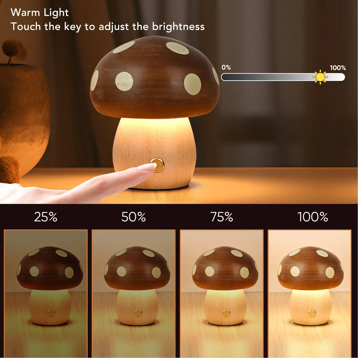 Bedside Lamp Warm Light Ebony Wood LED Table Lamp USB Rechargeable Stepless Dimming Mushroom Shaped for Dining Room HIP as show