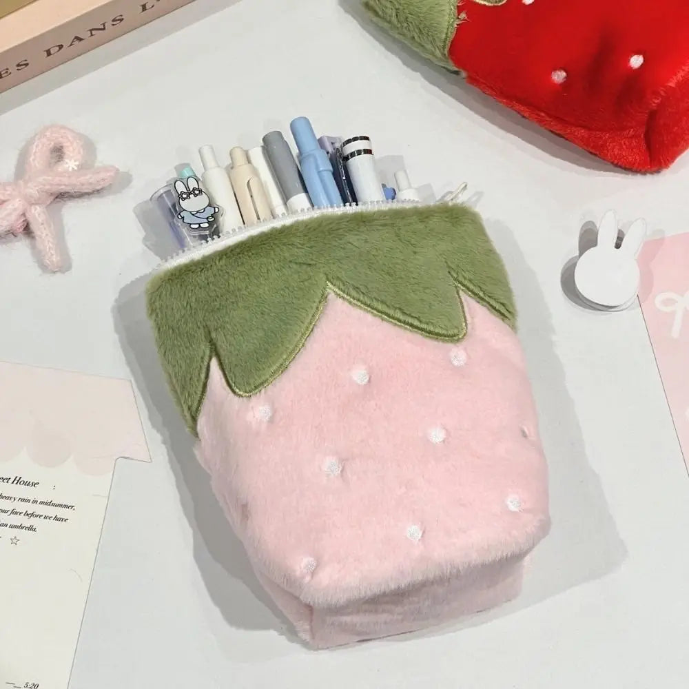 Strawberry Plush Pencil Case – Large Capacity Standing Pen Bag Plush Pencil Case HIP
