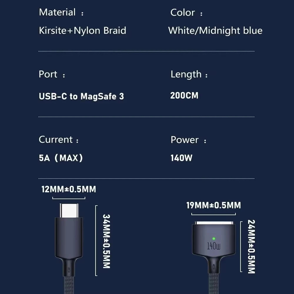 140W USB-C to MagSafe 3 Charging Cable 2M – MacBook Air/Pro Laptop Charging Cable HIP