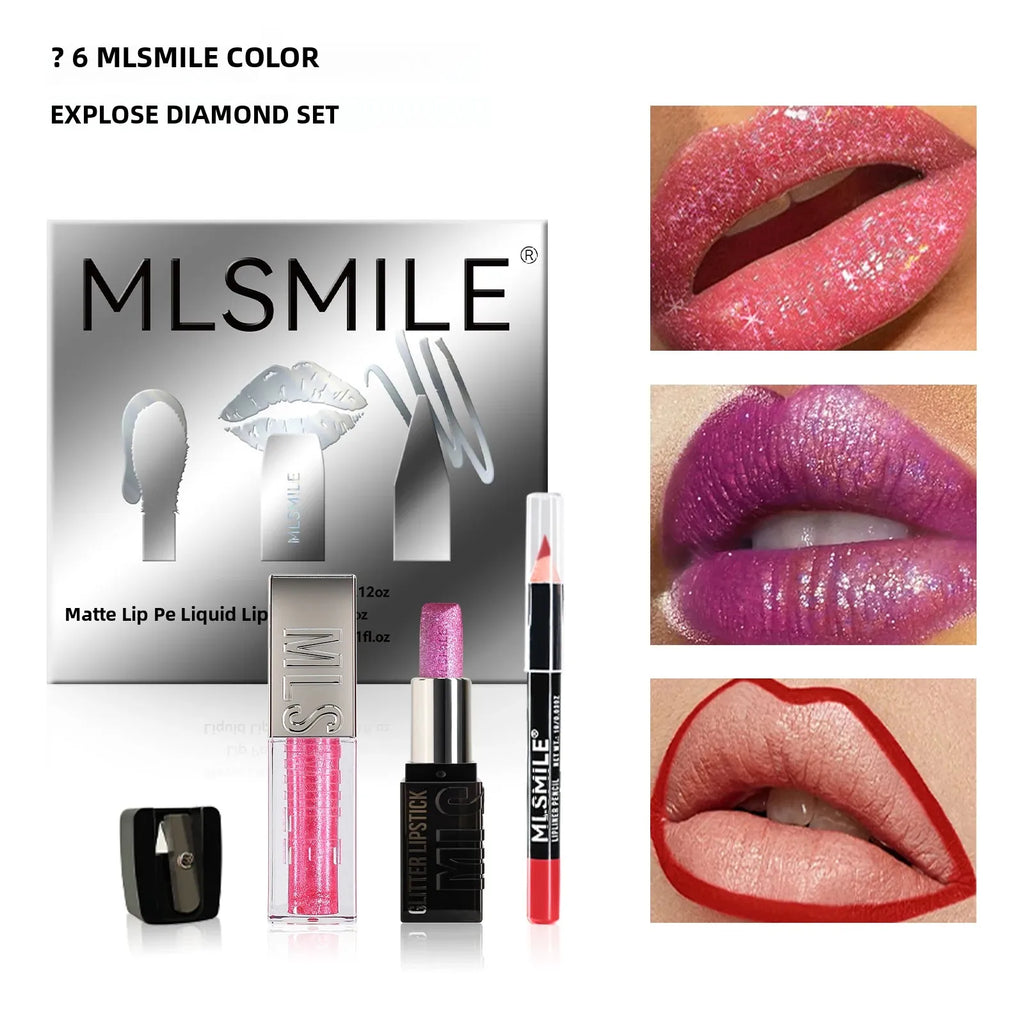 MLSMILE Diamond Lip Gloss, Matte Liner & Lipstick Kit Lip Makeup Kit HIP